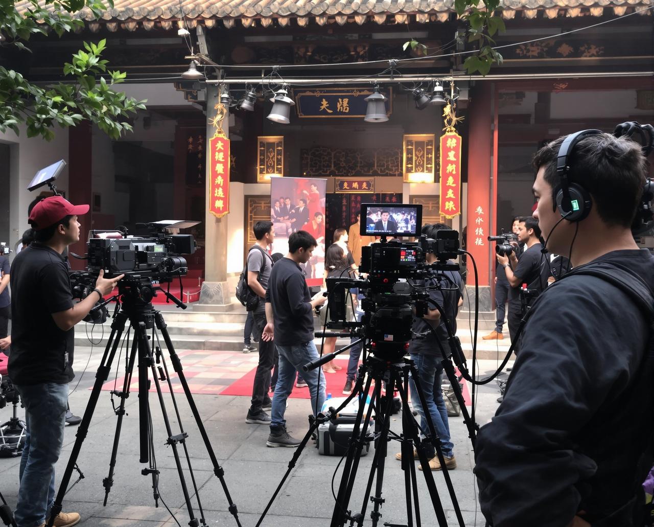 新光棍影院外景拍摄团队正在进行影视剧现场拍摄工作